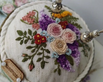 Flower pincushion with vintage needles — handmade embroidered pin cushion, pin accessory, pin keeper, gift for her