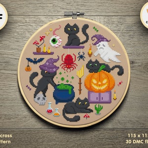 Halloween Cats, Happy Halloween Modern Cross stitch pattern, Scary Spooky Halloween Cats pattern, Instant download PDF, Printable pattern