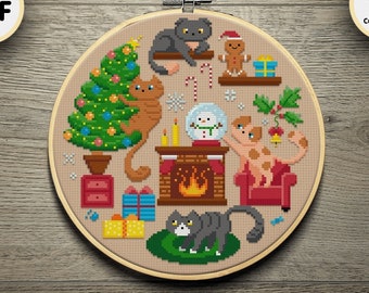 Christmas Cats, Merry Christmas Modern Cross stitch pattern, Christmas Tree and a Fireplace pattern, Instant download PDF, Printable pattern