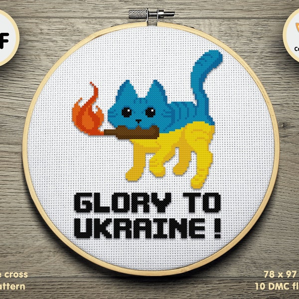 Glory to Ukraine! Cat with Molotov Cocktail Cross stitch pattern, Instant download PDF, Printable pattern