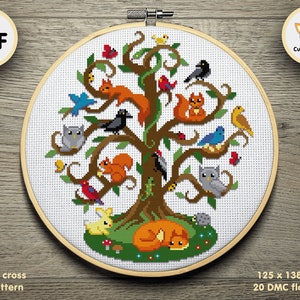 Forest Tree with Animals Cross stitch pattern, Squirrels, Fox, Birds, Rabbit cross stitch, Instant download PDF, Easy cross stitch pattern