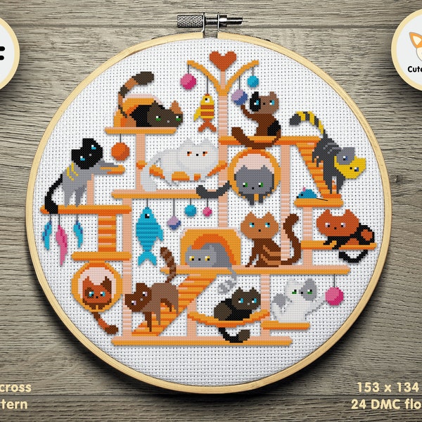Cats Modern Cross stitch pattern, Cat Stand cross stitch, Cute Cats pattern, Animals cross stitch Instant download PDF, Printable pattern