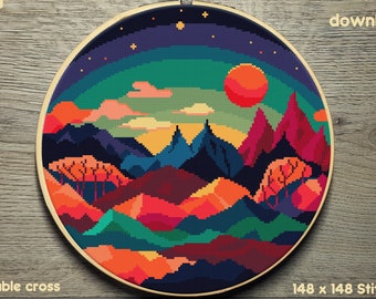 Colorful Mountains, Modern Cross stitch pattern, Beautiful Landscape pattern, Instant download PDF, Printable pattern