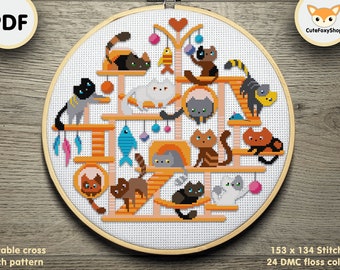 Cats Modern Cross stitch pattern, Cat Stand cross stitch, Cute Cats pattern, Animals cross stitch Instant download PDF, Printable pattern