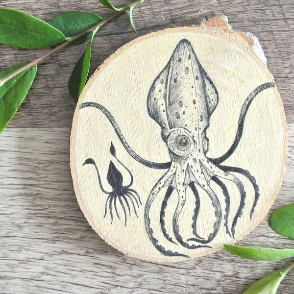 Illustration sur rondelle en bois "Calamars" Pièce Unique