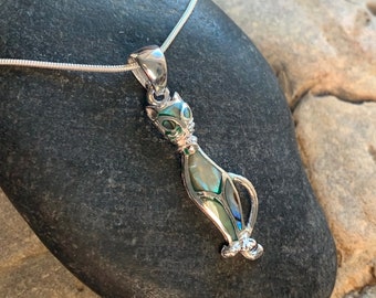 Solid 925 silver and abalone cat pendant, Solid 925 silver and white mother-of-pearl cat pendant, Solid 925 silver and mother-of-pearl cat necklace