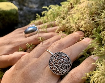 Large Sterling Silver Filigree Ring – Boho Lace Statement Ring 925 - Silver Openwork Ring – Arabesque Design - Bohemian Filigree Silver Ring