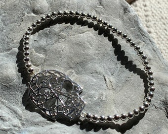 Solid 925 silver skull bracelet - 925 silver beaded bracelet - Sterling silver skull bracelet - Brazalete calavera en plata de ley