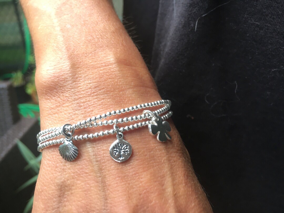 Tree of Life Sterling Silver Beaded Bracelet 925 | Elastic Silver ...