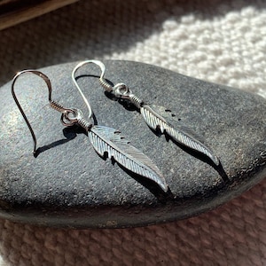 May include: A pair of silver feather earrings with a simple hook design.