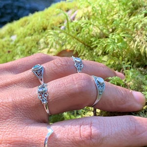 May include: A hand displays several silver rings with ornate designs and small, iridescent stones. The rings vary in style, including a simple chevron band and others with filigree and bezel settings. The background features moss and a blurred natural setting.