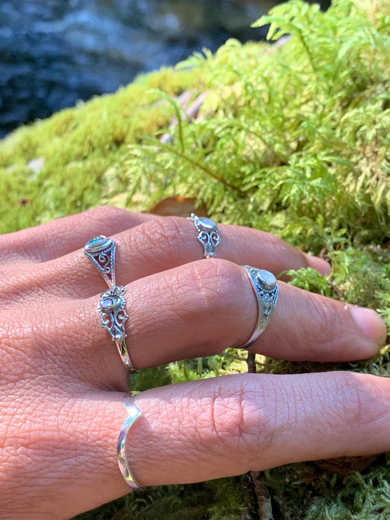 May include: A hand displays several silver rings with ornate designs and small, iridescent stones. The rings vary in style, including a simple chevron band and others with filigree and bezel settings. The background features moss and a blurred natural setting.