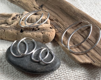 Sterling Silver Hoop Earrings – 2 mm Oval Silver Hoops – Hypoallergenic 925 Hoop Earrings – Minimalist Everyday Jewelry
