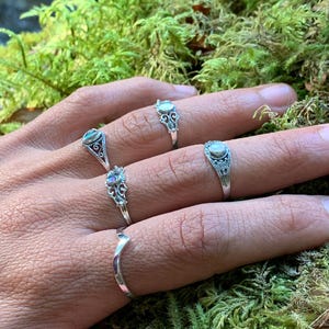 May include: A collection of silver rings with ornate designs and small, colorful gemstones. The rings are displayed on a hand against a backdrop of green moss and foliage, showcasing their intricate details and craftsmanship.
