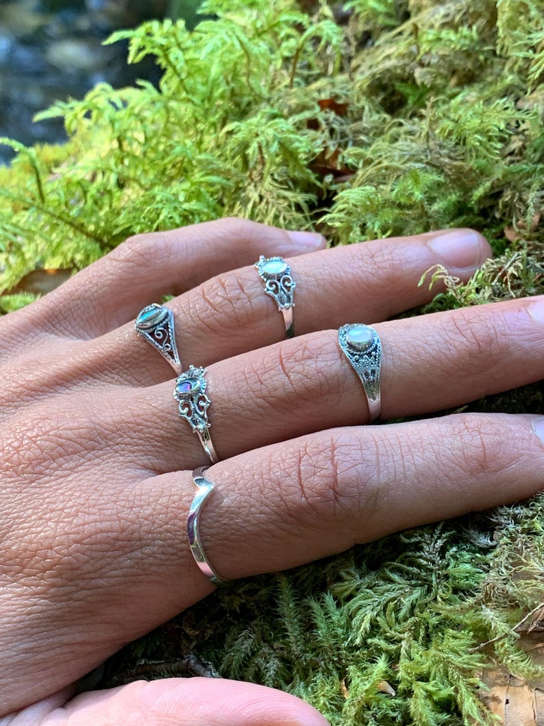 May include: A collection of silver rings with ornate designs and small, colorful gemstones. The rings are displayed on a hand against a backdrop of green moss and foliage, showcasing their intricate details and craftsmanship.