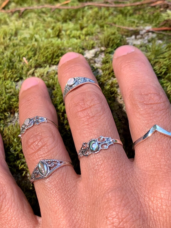 Bague argent massif 925 et nacre abalone - Bague fine argent femme - Bague nacre naturelle -  Bague enfant argent - Bague phalange argent