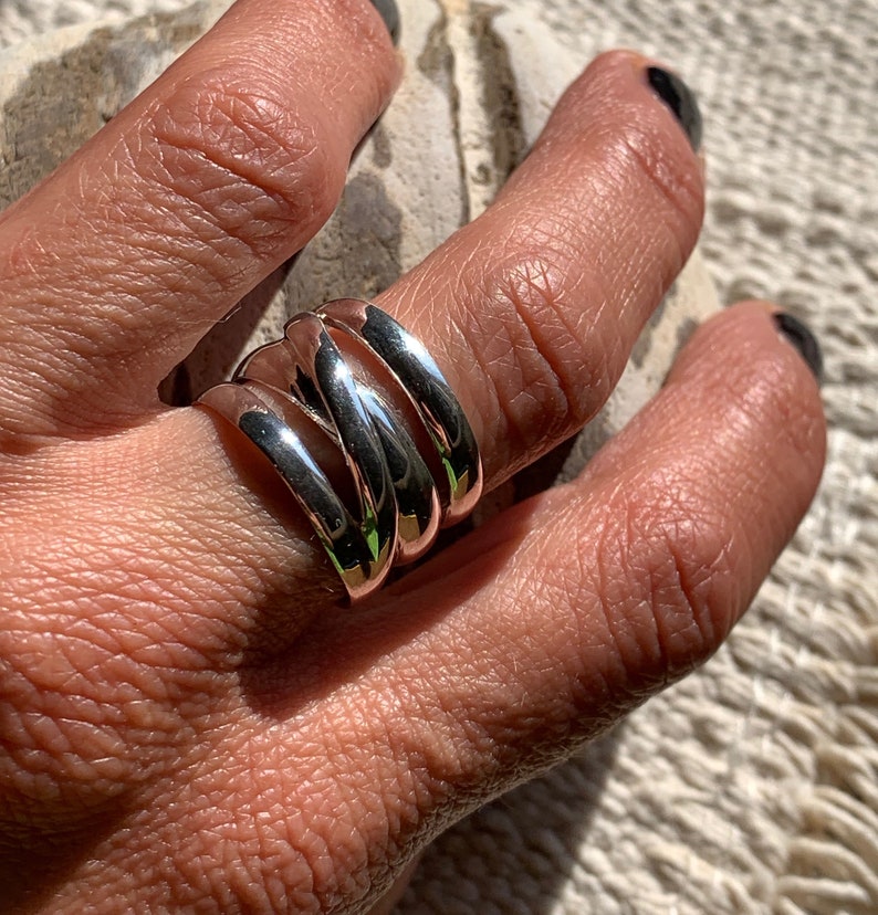 Pu&ograve; includere: Un anello d'argento con quattro bande intrecciate. L'anello &egrave; indossato su un dito.