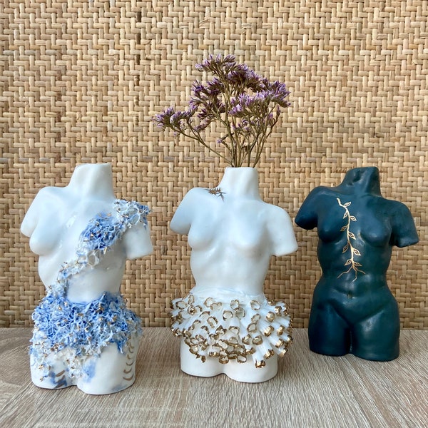 Buste en Porcelaine avec Dorure à l'Or Fin | Soliflore pour Fleurs Séchées | Sculpture de Buste de Femme