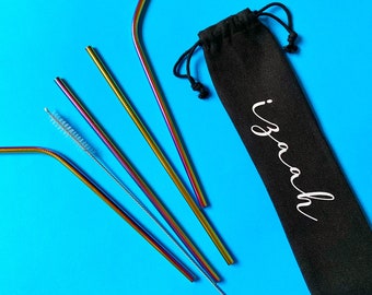 Personalised Metal Straw Set With Carry Pouch