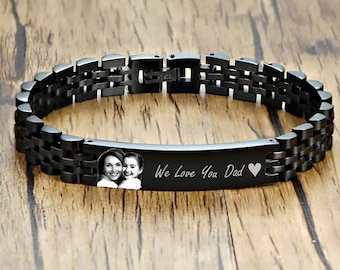 Personalized Photo Steel Link Bracelet - Custom Engraved Memoral Gift