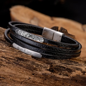 Pulsera de huellas dactilares, joyería hecha a mano, pulsera personalizada, pulseras de cuero genuino y acero, regalo de aniversario, regalo para esposo