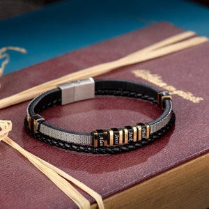 Regalo para el Día del Padre, Pulsera con Dijes, Pulsera con Nombre, Pulsera de Cuero, Pulsera de Acero, Pulsera Personalizada, Regalo para Hombre, Regalo de Cumpleaños, Regalo de Aniversario