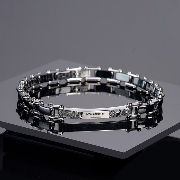 Bracelet d’empreintes digitales, cadeau personnalisé de petit ami, bracelet à maillons de chaîne en céramique, cadeau de Noël pour mari, bracelet en acier, cadeau d’anniversaire pour hommes