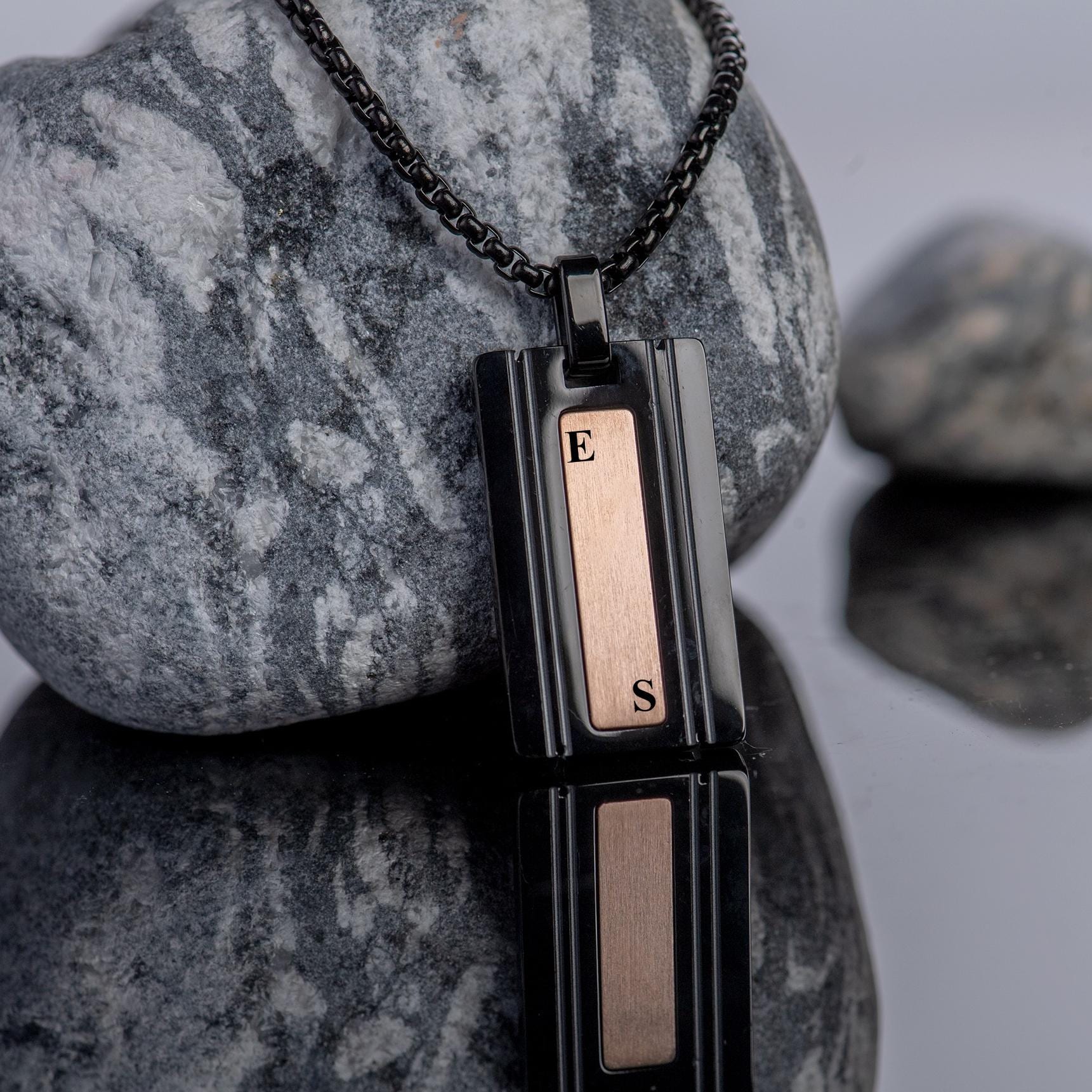 Black Bar Necklace, Initial Tag Necklace for Men, Steel Mens Necklace, Father's Day Gift, Engraved Letter Necklace ,Men's Gift