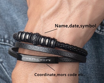 Personalized Leather & Steel Men's Bracelet: Coordinate, Morse Code Gift