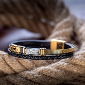 Regalo del Día del Padre / Pulsera con Código QR / Pulsera con Huella Dactilar / Pulseras de Cuero y Acero / Regalo de Aniversario / Ideas de Regalo para Hombres / Regalo para Él