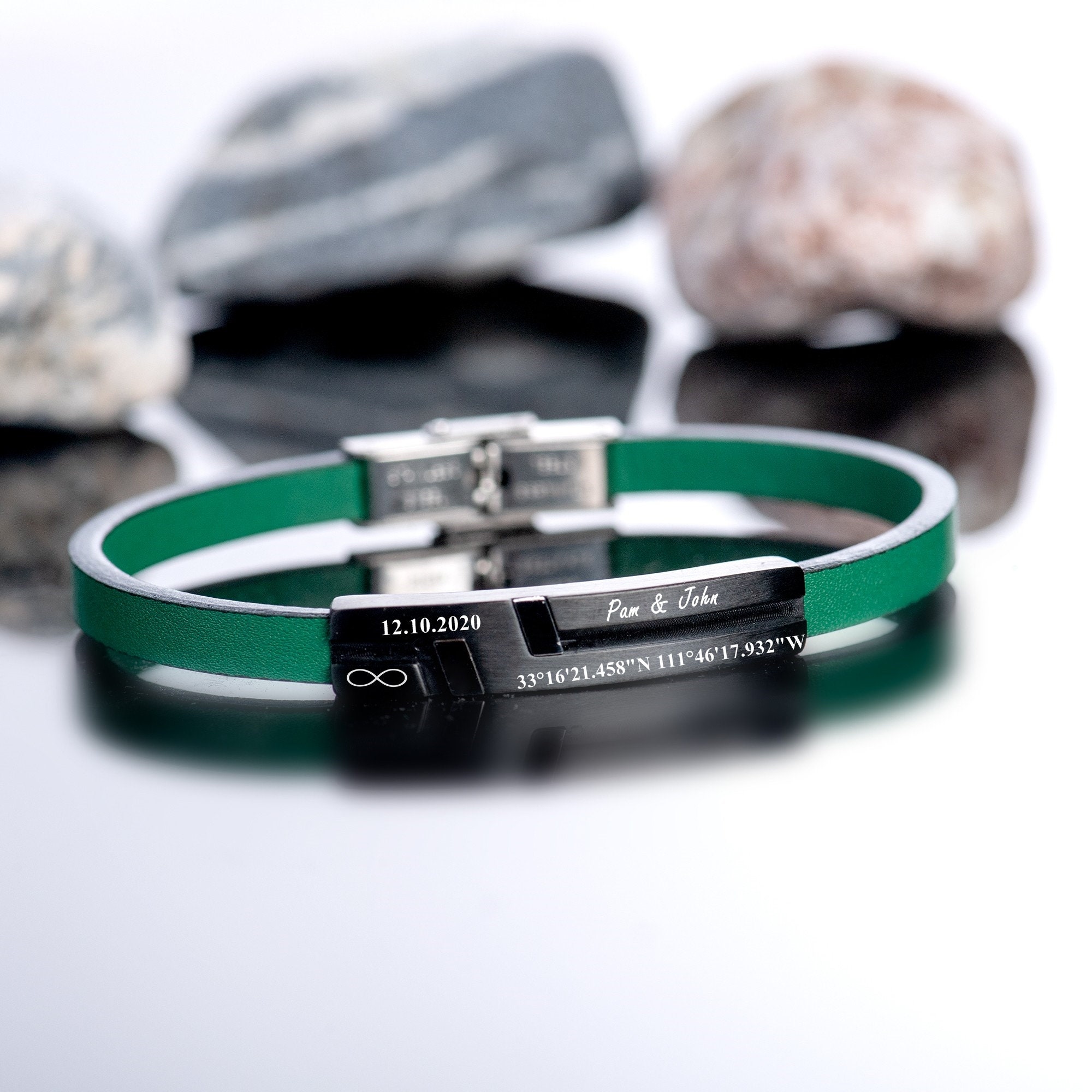 Personalized Green Leather Men's Bracelet: Coordinates, Morse Code