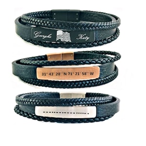 Regalo de cumpleaños / Pulseras de acero personalizadas / Pulsera con grabado para hombre / Regalo del Día del Padre / Pulsera con nombre personalizado / Pulsera de cuero con puños