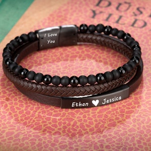 Regalo para el Día del Padre, Pulsera con Nombre, Regalo para Él, Pulsera de Piedra Natural, Pulsera de Acero y Cuero Marrón, Regalo de Aniversario, Pulsera de Piedra de Ónix