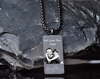 Engraved Photo Bar Necklace for Men: Personalized Steel Initial Tag