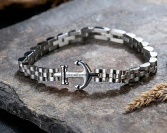 Personalized Anchor Bracelet for Men, Engraved Stainless Steel Nautical Bracelet, Custom Name Date Bracelet