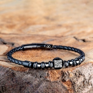 Secret Message,Custom Qr Code Bracelet,Personalized Bracelet,Christmas Gift,Steel and Leather Bracelet,Anniversary Gift,Medicalert Bracelet