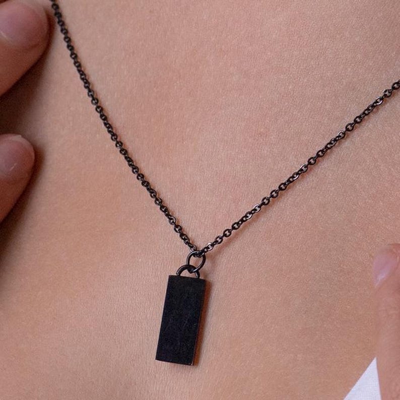 Engraved Initial Tag Necklace for Men: Minimalist Steel Bar Necklace Black Minimal Bar
