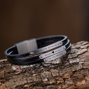Regalos para él, pulsera de cuero para hombre, regalo personalizado, regalo de Navidad, pulsera de cuero y acero, ideas de regalos para hombres, regalos para novios