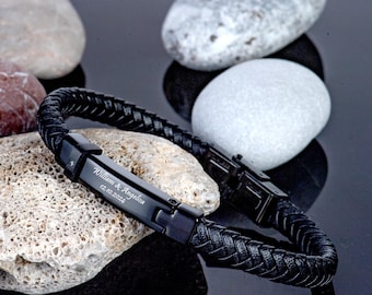 Personalized Leather Mens Bracelet: Engraved Stainless Steel Cuff