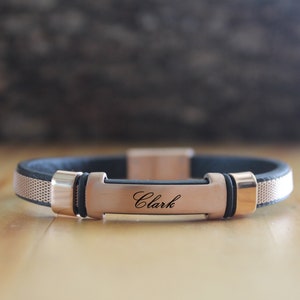 Pulsera minimalista / Pulsera con nombre para hombre / Pulsera de acero inoxidable / Pulseras de cuero genuino / Regalo de cumpleaños / Pulsera de oro rosa