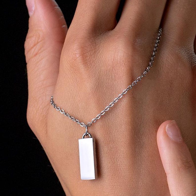 Engraved Initial Tag Necklace for Men: Minimalist Steel Bar Necklace Silver Minimal Bar