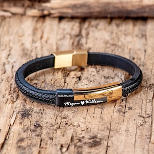 Regalo del Día del Padre, Pulsera de Acero Inoxidable, Pulsera de Oro para Hombre, Brazalete de Cuero, Regalo Personalizado, Pulsera con Grabado Personalizado