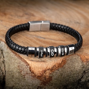 Regalo para el Día del Padre, Pulsera con Nombre, Pulsera de Cuero Genuino, Regalo de Aniversario, Pulsera con Dijes Personalizados, Ideas de Regalo para Hombres, Pulsera de Acero