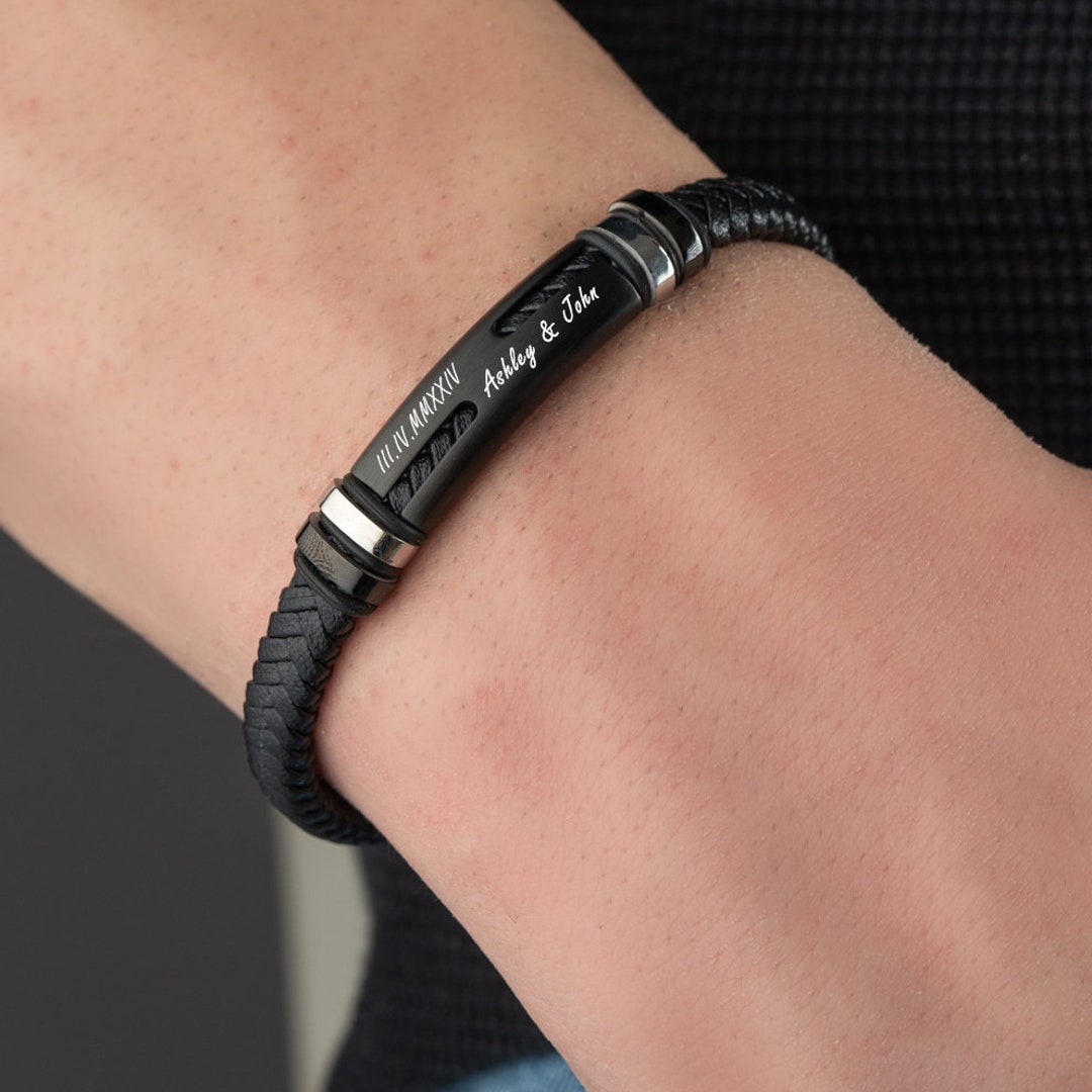 Personalized Leather & Steel Bracelet, Men's Coordinate Gift - Etsy