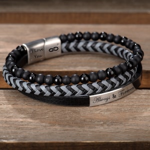 Pulsera con nombre, regalos para novio, ideas de regalos para hombres, pulsera de cuero marrón y acero, pulsera personalizada, pulsera de piedra natural, regalo de cumpleaños