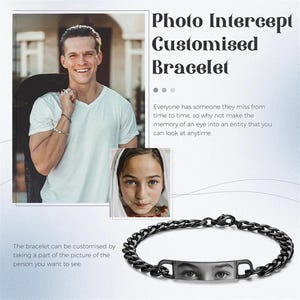 May include: A black metal chain link bracelet featuring a rectangular center plate engraved with a detailed image of human eyes. The text on the image reads Photo Intercept Customised Bracelet, along with descriptive text about the product.