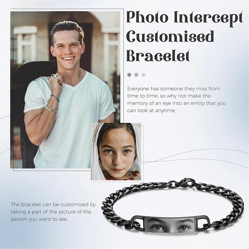 May include: A black metal chain link bracelet featuring a rectangular center plate engraved with a detailed image of human eyes. The text on the image reads Photo Intercept Customised Bracelet, along with descriptive text about the product.