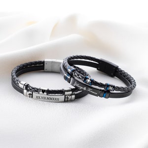 Regalo de Navidad, Pulsera con nombre, Pulsera grabada para hombre, Pulseras de cuero y acero, Regalo de cumpleaños, Pulsera personalizada, Regalo de aniversario