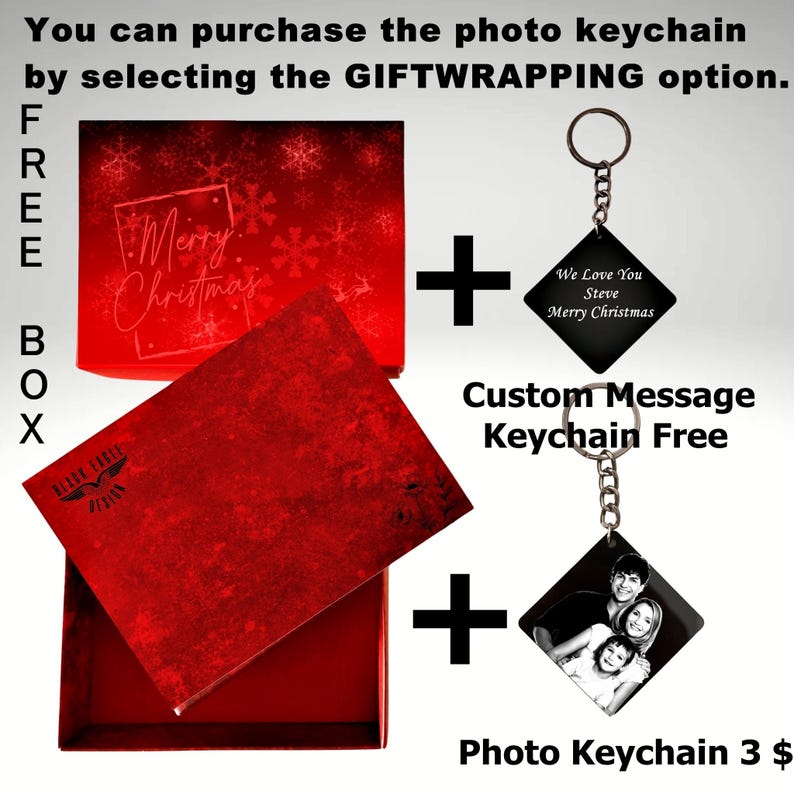 May include: A red gift box with a "Merry Christmas" design. A black photo keychain with a family photo and the text "Photo Keychain 3$" is shown. A black keychain with a custom message is also shown with the text "Custom Message Keychain Free".