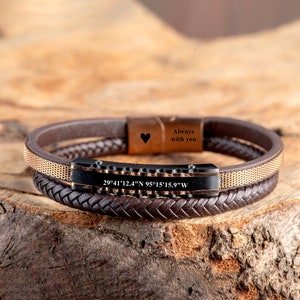 Pulsera de cuero marrón, pulsera de oro rosa, pulsera de puño hecha a mano, pulsera de acero personalizada, regalos de Navidad para hombres, regalo de cumpleaños para él